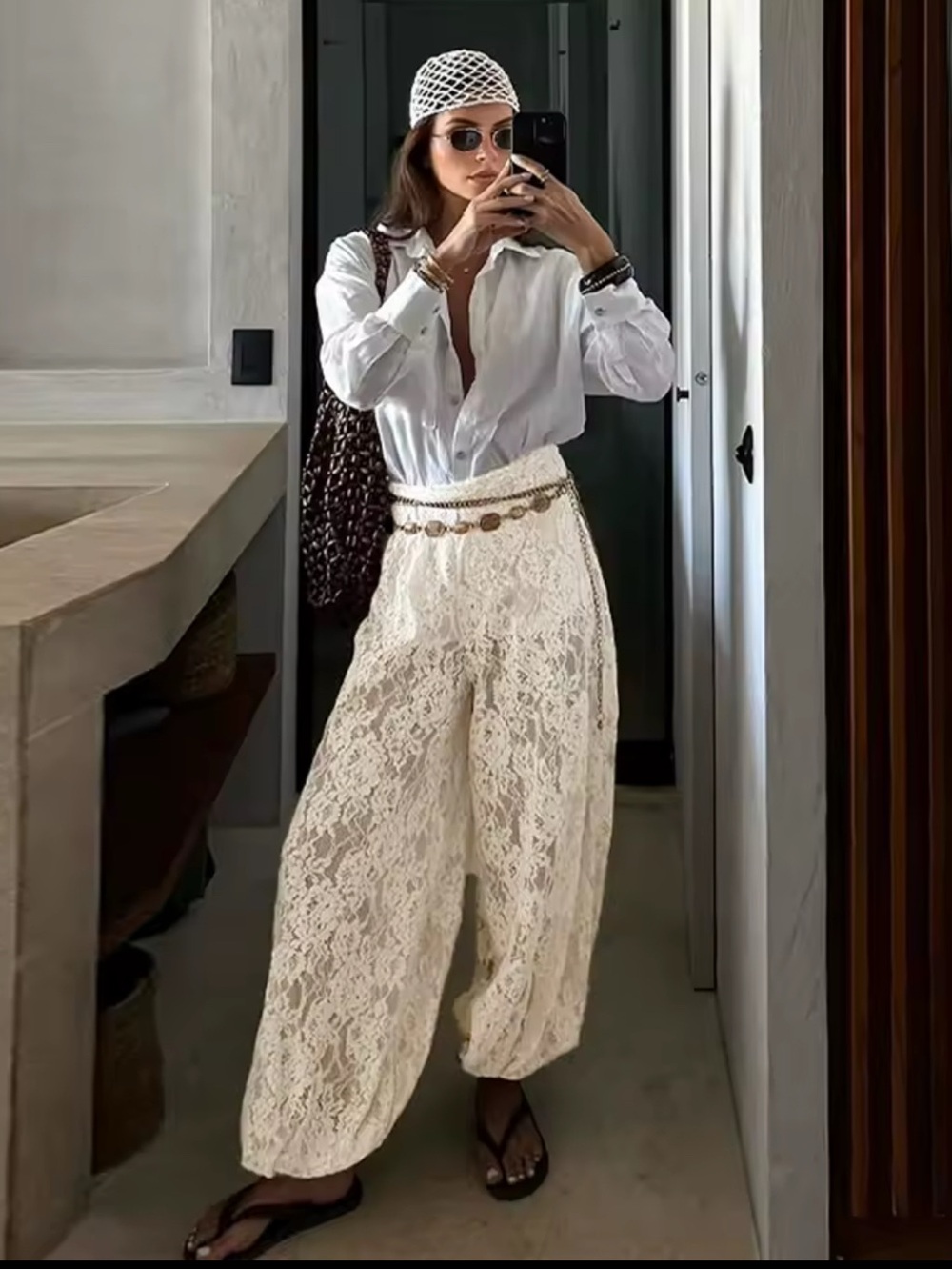 Cream Lace Hollow Out Women Aladdin Balloon Pants